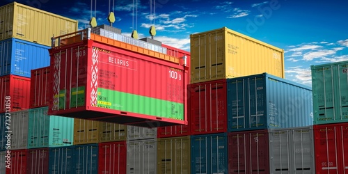 Freight shipping container with flag of Belarus on crane hook - 3D illustration