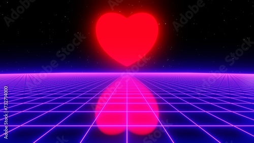 3d abstract retro way in purple disco colors. Neon 80s 90s retrowave sunset love red heart road. Cyberpunk futuristic background.. Glow and shine laser synthwave. Valentine's day love 