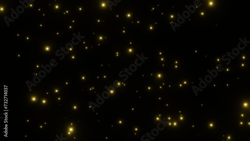 3d blinking yellow glowing stars particle overlay background. Night starry sky galaxy with blinking particles glittering lights. Isolated black 8k
