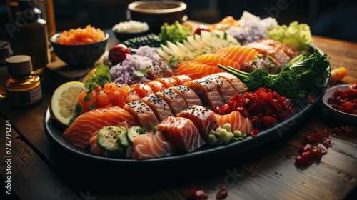 from the ocean's embrace: a succulent array of sushi masterfully displayed with its authentic ingredients. Ai Generated