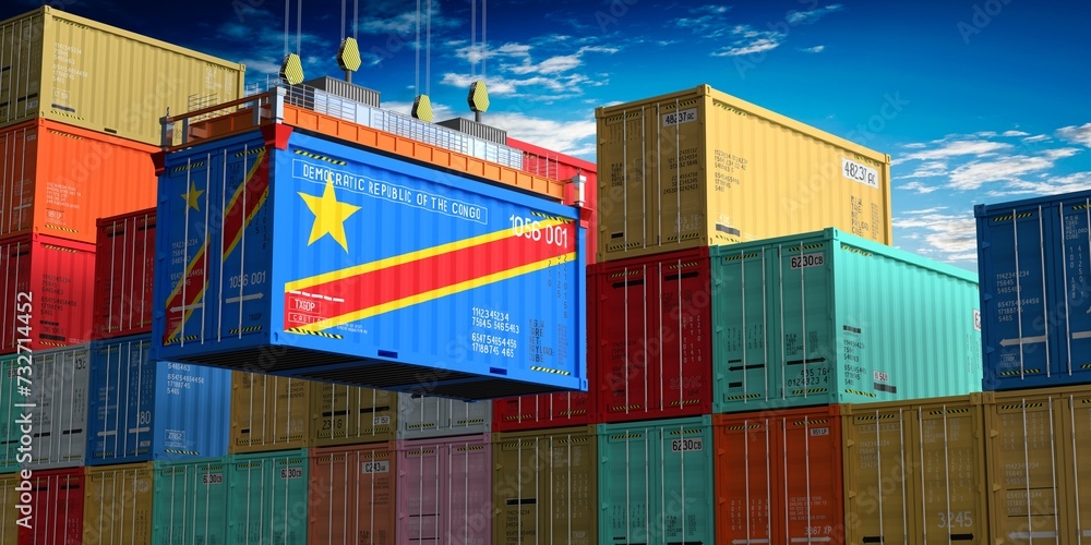 Fototapeta premium Freight shipping container with flag of Democratic Republic of the Congo on crane hook - 3D illustration