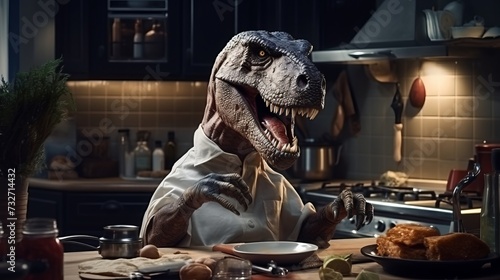 A scene where a dinosaur cooks food in the kitchen. Surreal