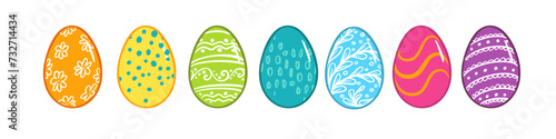 Easter painted eggs set. Symbol of Easter holiday. Vector bright rainbow colors eggs with pattern. Restaurant, cafe menu, holiday decoration, poster, greeting card,