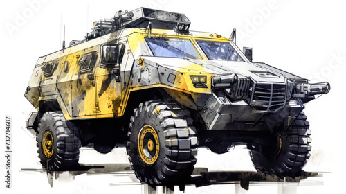 A dynamic watercolor sketch of a combat vehicle with yellow gray lines photo