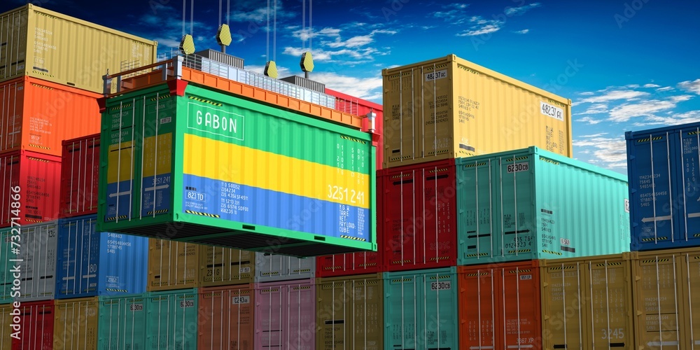 Fototapeta premium Freight shipping container with flag of Gabon on crane hook - 3D illustration