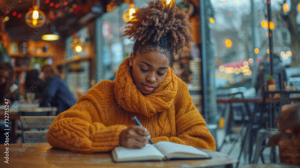 Young Woman Writing in Journal at Cozy Cafe. Generative AI Young Woman Writing in Journal at Cozy Cafe. Generative AI