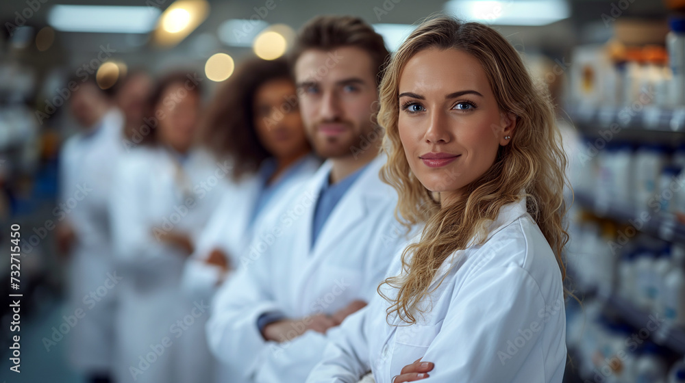 Group of pharmacists standing together and looking at the camera in a chemist. Group of healthcare professionals working in a pharmacy. Group of pharmacists standing together and looking at the camera in a chemist. Group of healthcare professionals working in a pharmacy.