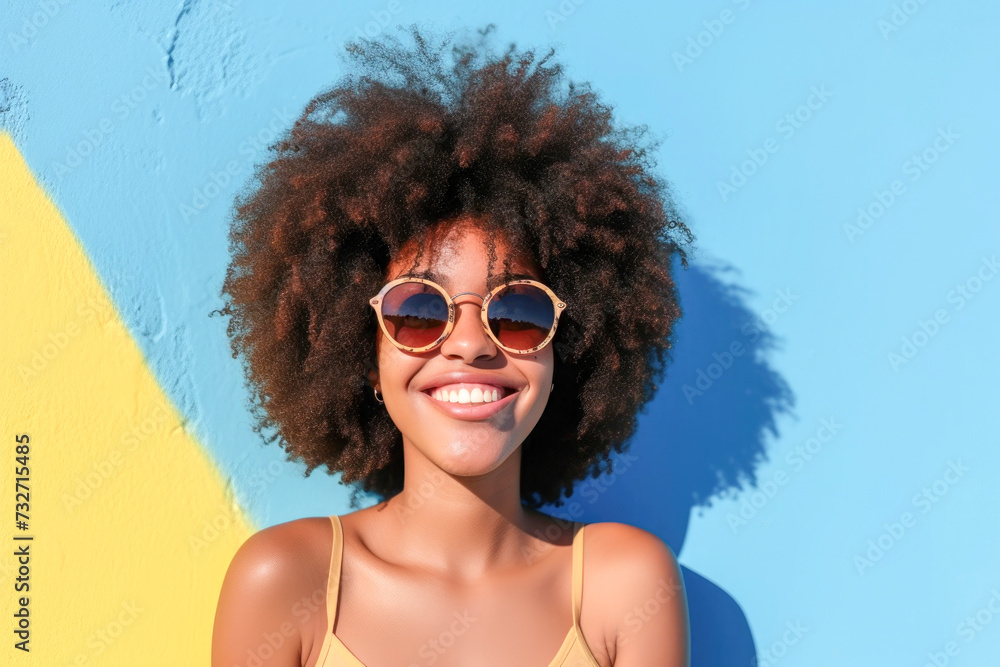 Joyful young girl with stylish afro and sunglasses, holidays concept, summertime concept
