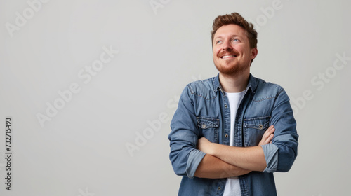 Cheerful young man with crossed arms and a contagious smile, radiating positivity and confidence in a stylish casual outfit against a gray background with copy space fot text