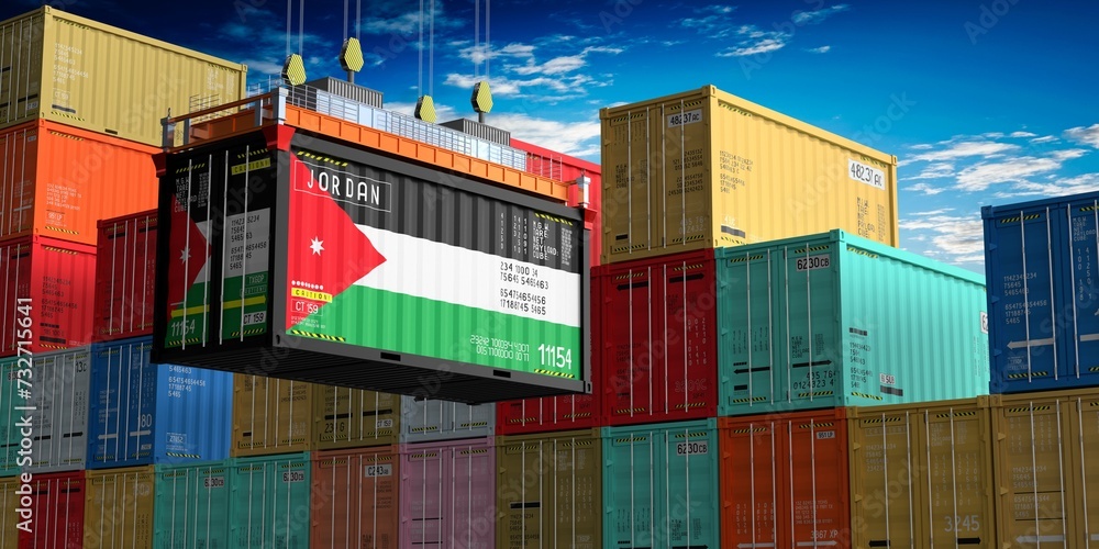 Fototapeta premium Freight shipping container with flag of Jordan on crane hook - 3D illustration