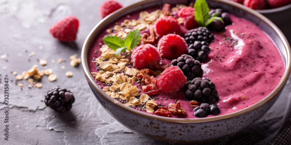 Delicious smoothie bowl topped with a mix of berries, oats, and seeds for a healthy start Delicious smoothie bowl topped with a mix of berries, oats, and seeds for a healthy start