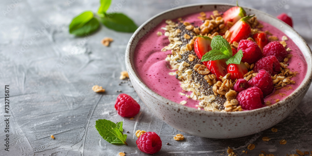Inviting raspberry smoothie bowl sprinkled with chia seeds, nuts, and granola, accented by mint Inviting raspberry smoothie bowl sprinkled with chia seeds, nuts, and granola, accented by mint