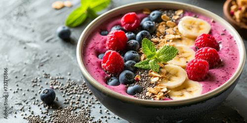 Wholesome smoothie bowl topped with fresh raspberries, blueberries, banana slices, and seeds