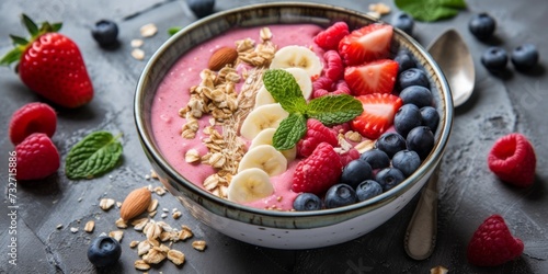 Wholesome berry smoothie bowl topped with strawberries, blueberries, almonds, and oats on grey table