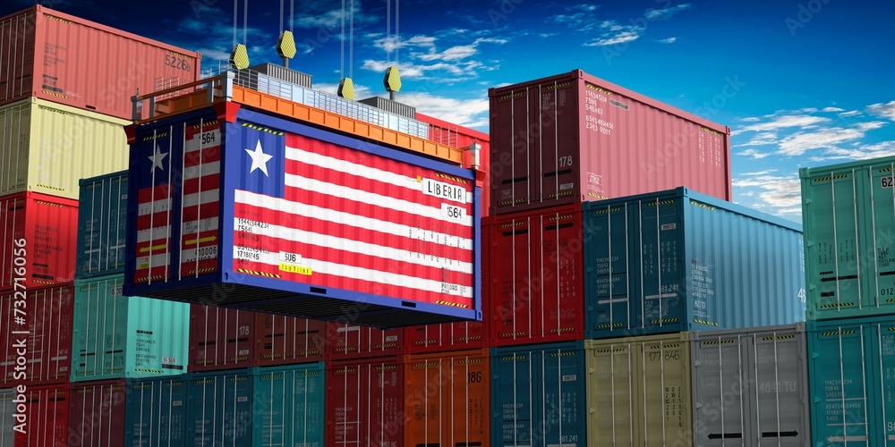 Fototapeta premium Freight shipping container with flag of Liberia on crane hook - 3D illustration