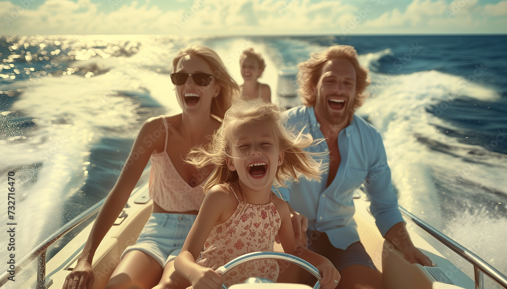 Beautiful girl with waving hairs on the strong wind scream with pleasure with mom and dad having ocean bay journey driving motor fast speedboat. Happiness, family values, summer vacations image. - obrazy, fototapety, plakaty 