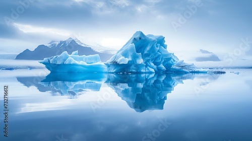 Blue iceberg reflected in the water, mountains rising out of the mist, Joekulsarlon, glacier lagoon, Scandinavia, Iceland