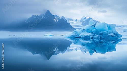 Blue iceberg reflected in the water, mountains rising out of the mist, Joekulsarlon, glacier lagoon, Scandinavia, Iceland photo