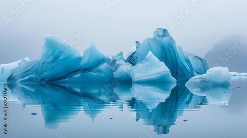 Blue iceberg reflected in the water, mountains rising out of the mist, Joekulsarlon, glacier lagoon, Scandinavia, Iceland