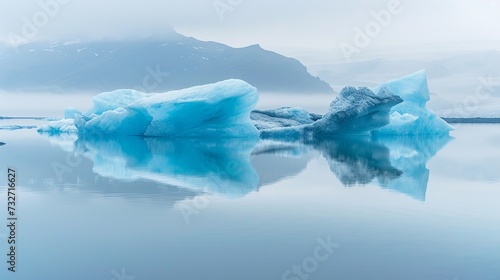 Blue iceberg reflected in the water, mountains rising out of the mist, glacier lagoon, Scandinavia, Iceland