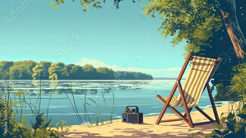 Comfortable summer vacation on river, lake, sea bank. Beach chair, binoculars, sunglasses, radio. Relaxation and sunbathing in nature. Time to rest. 