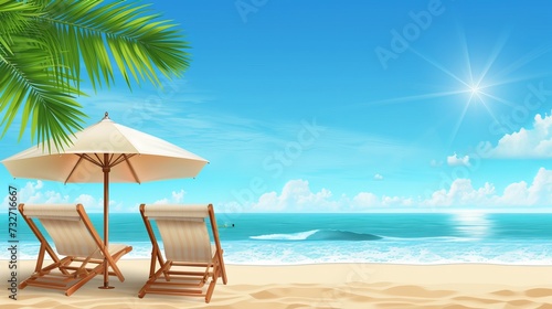 Dream resort banner in 3d realistic style with two beach chair and umbrella. Vector illustration