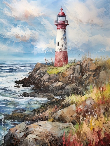 Vintage Lighthouse Views: Acrylic Landscape Art Depicting a Serene Seaside Scene
