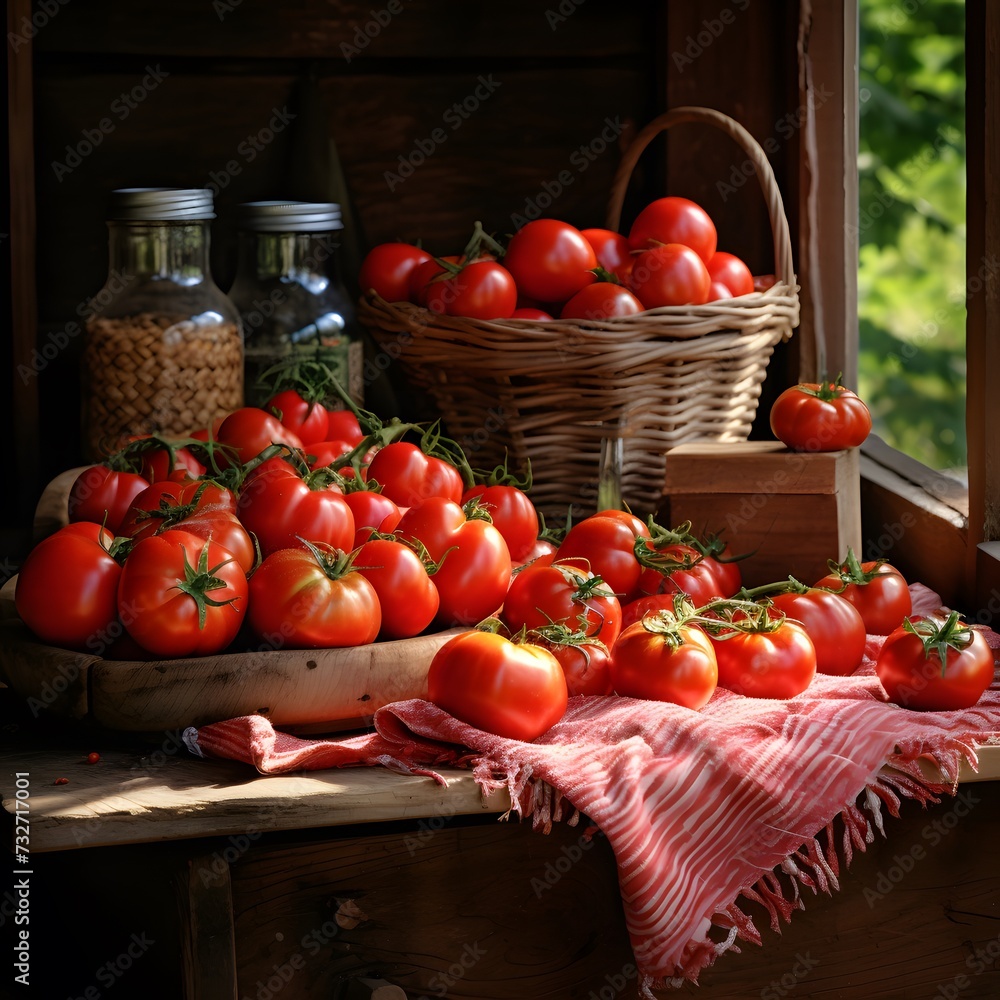 tomatoes placed on a weathered wooden farm table tomatoes placed on a weathered wooden farm table