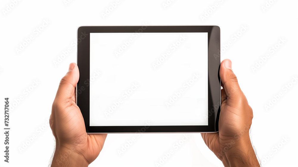 Hands holding a tablet with a blank white screen Hands holding a tablet with a blank white screen