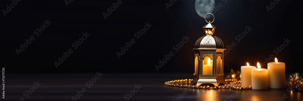 Eid al-Fitr, Laylat al-Qadr, holy month of Ramadan, Arab lantern fanus, candles, full moon, golden beads, magical atmosphere, dark background, horizontal banner, place for text Eid al-Fitr, Laylat al-Qadr, holy month of Ramadan, Arab lantern fanus, candles, full moon, golden beads, magical atmosphere, dark background, horizontal banner, place for text