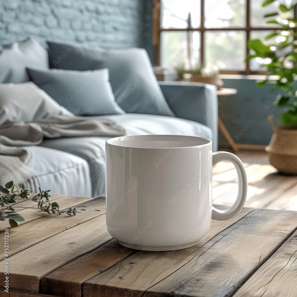 White mug mockup in living room setting. Cup of tea on armrest table in room. White mug mockup in living room setting. Cup of tea on armrest table in room.