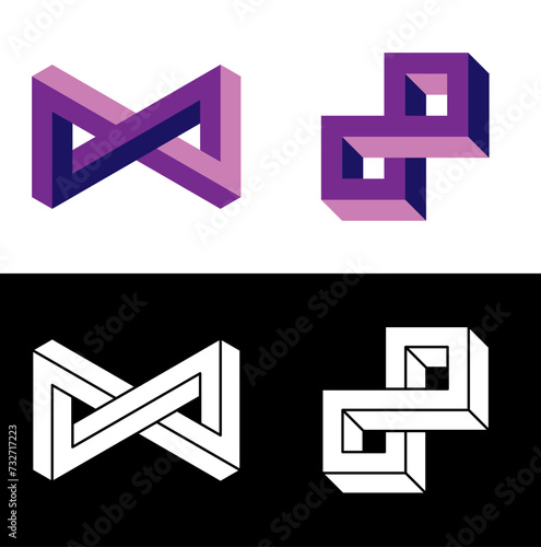 Impossible designs. Optical illusion isolated on white and black background. Designing elements. Vector illustration.