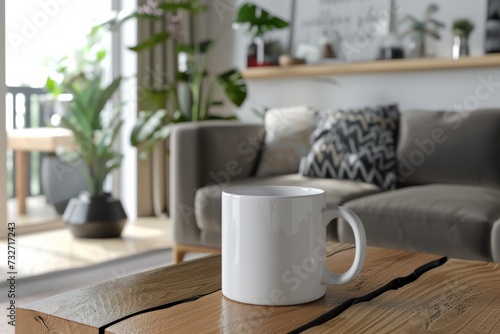 White mug mockup in living room setting. Cup of tea on armrest table in room.