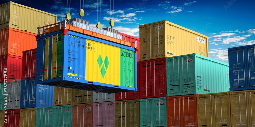 Freight shipping container with flag of Saint Vincent and the Grenadines on crane hook - 3D illustration - obrazy, fototapety, plakaty 
