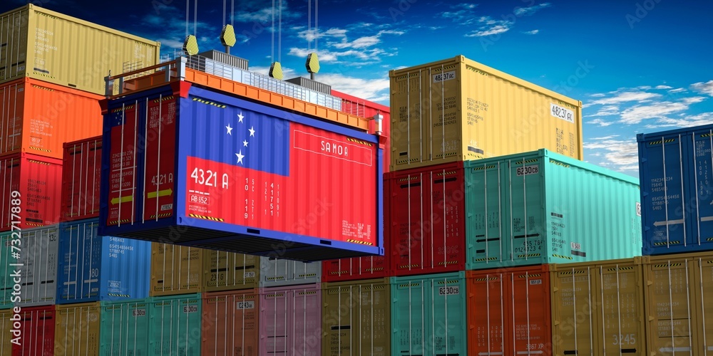 Fototapeta premium Freight shipping container with flag of Samoa on crane hook - 3D illustration