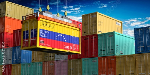 Freight shipping container with flag of Venezuela on crane hook - 3D illustration