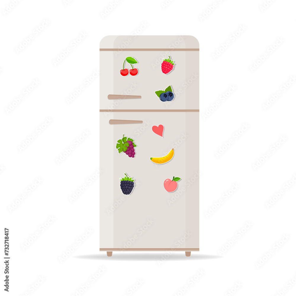 Fridge icon with magnets and stickers. Vector illustration. Cartoon style