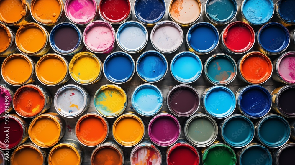 Colorful Array of Paint Cans Top View, Artistic Creativity and Home Improvement Concept, photograph. Paint spaced in a orderly format diplaying multiple colors. Colorful Array of Paint Cans Top View, Artistic Creativity and Home Improvement Concept, photograph. Paint spaced in a orderly format diplaying multiple colors.