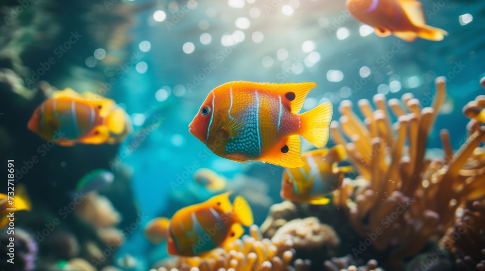 Tropical fish with striking patterns swim in a coral-rich underwater habitat. Tropical fish with striking patterns swim in a coral-rich underwater habitat.