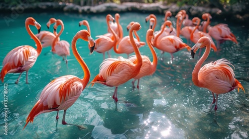 A flamboyance of flamingos wades in turquoise waters  their reflections shimmering.