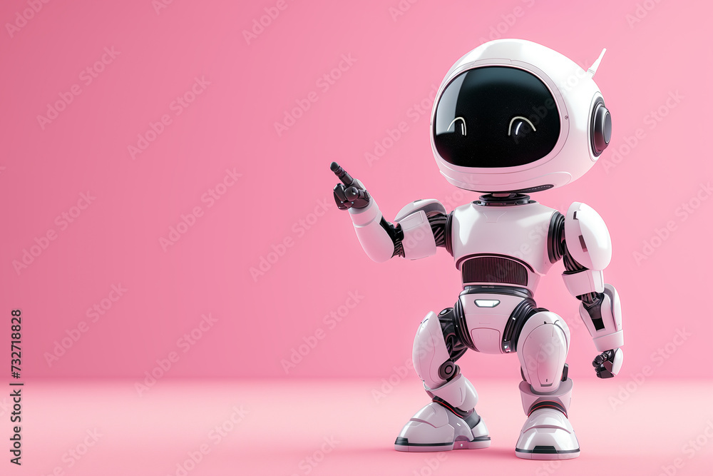Сute cartoon 3D robot pointing with finger at copy space for text on pastel pink background. Сute cartoon 3D robot pointing with finger at copy space for text on pastel pink background.