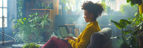 Lebendiges Porträt einer Frau, die an einem Laptop in einem futuristischen Arbeitsbereich arbeitet, Schreibtisch und Büro sehr modern eingerichtet und mit Pflanzen dekoriert. photo