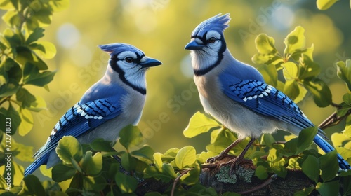 Blue jays among the green leaves in soft lighting, interacting in their habitat.