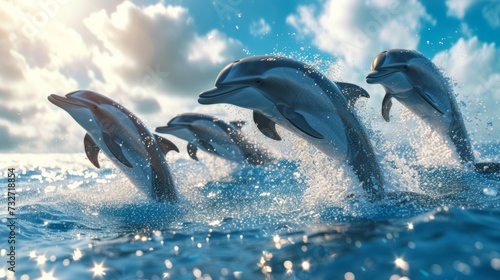 Dolphins in mid-jump over ocean waters with sunlight sparkling on the surface. © Liana