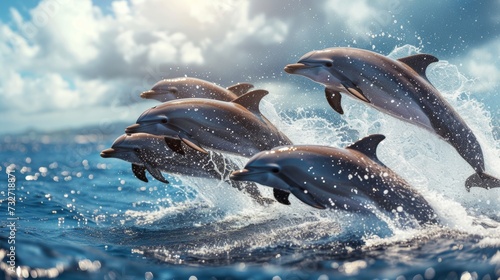 Group of dolphins jumping from sea with sun rays piercing through clouds. © Liana