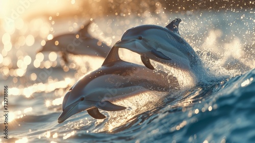 Dolphins surfacing in golden light, splashing through sea waves. © Liana