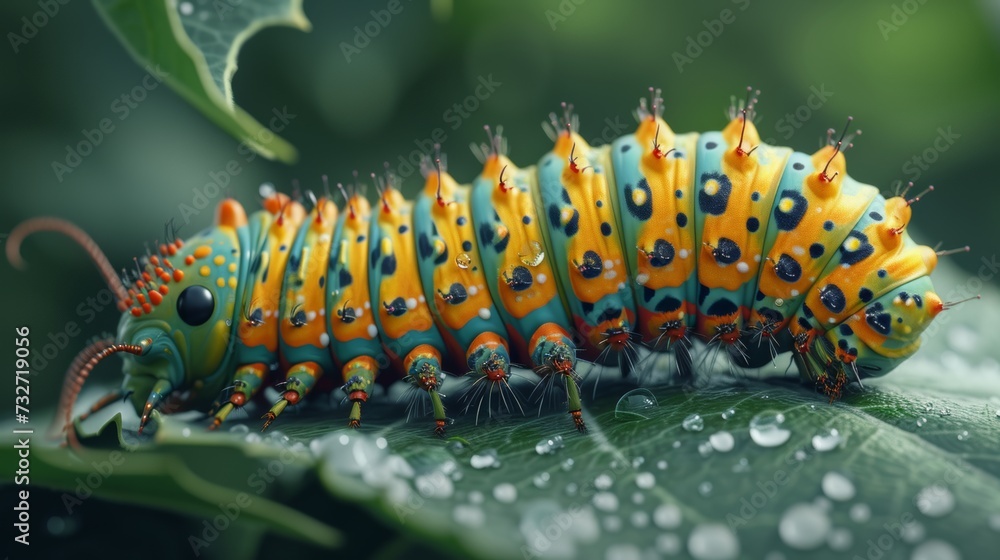 Colorful caterpillar with water droplets on a green leaf, detailed and vibrant. Colorful caterpillar with water droplets on a green leaf, detailed and vibrant.