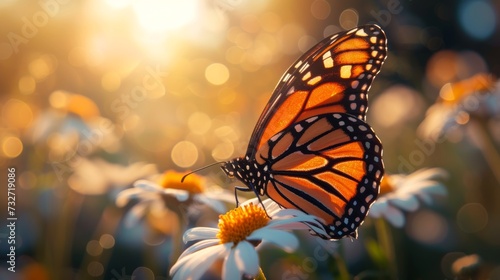 Monarch butterfly on a daisy with sun backlighting and a bokeh effect.