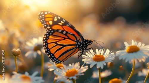 Monarch butterfly on white daisy, with a soft-focus background in golden hour. © Liana