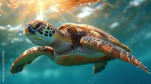 Sea turtle underwater with sunlight piercing the ocean surface above.